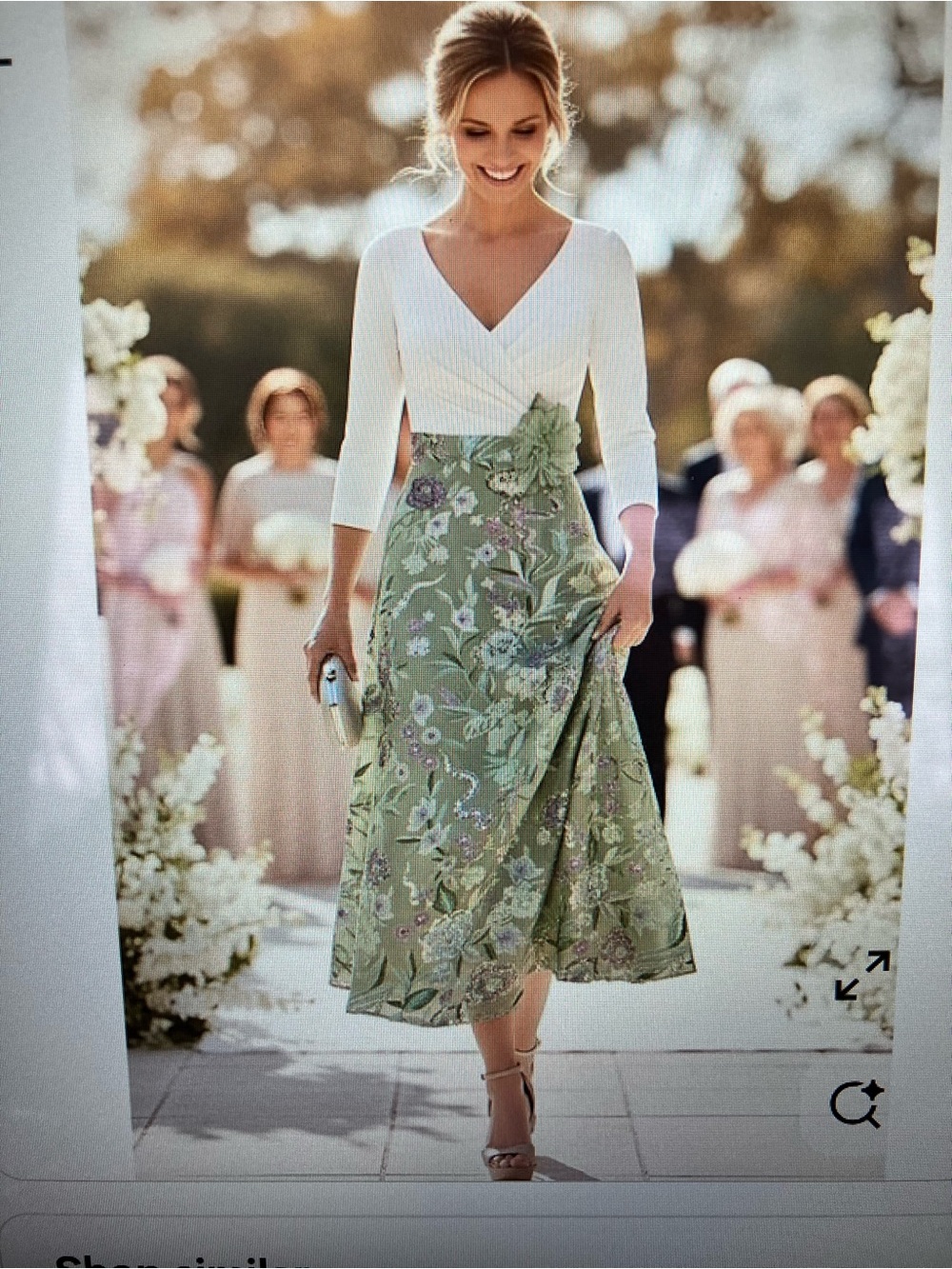 Floral Green A-Line Midi Dress with White V-Neck Bodice
